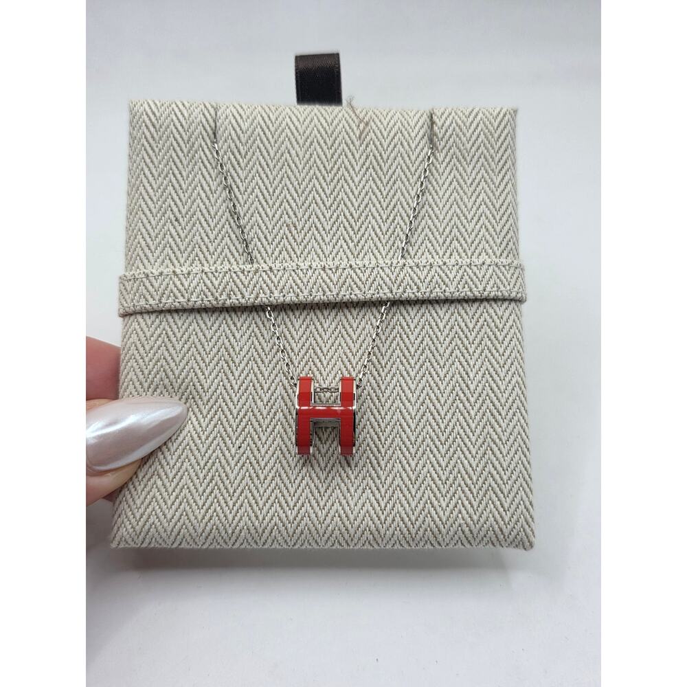 Hermes Red Enamel and Palladium Plated Pop H Pendant Necklace - Picture 8 of 14